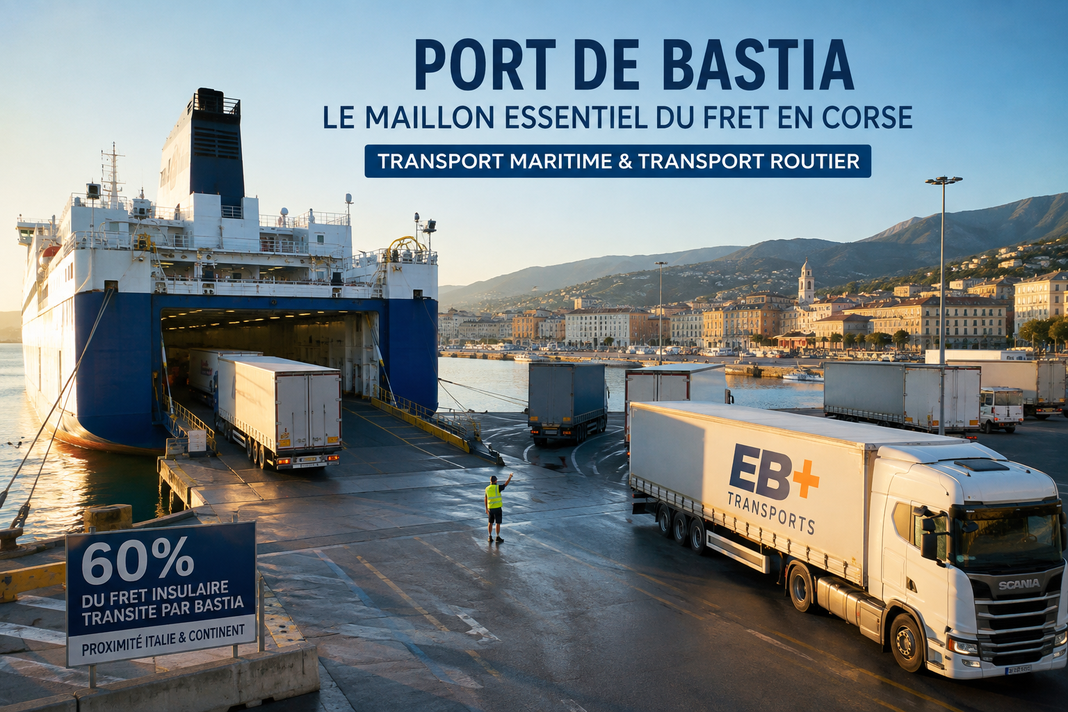 Fret au port de Bastia avec navire, semi-remorques et camions EB+ Transports en Corse